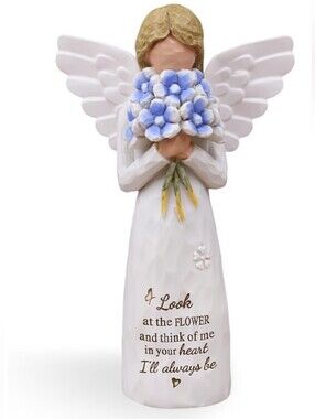 Angel Figurine with Blue Floral Bouquet – Brand New in Box – Inspirational Home